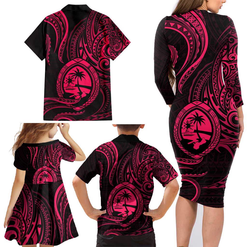 Polynesian Guam Coat of Arms Family Matching Long Sleeve Bodycon Dress and Hawaiian Shirt Polynesian Tribal Tattoo Pink Version LT9 - Polynesian Pride