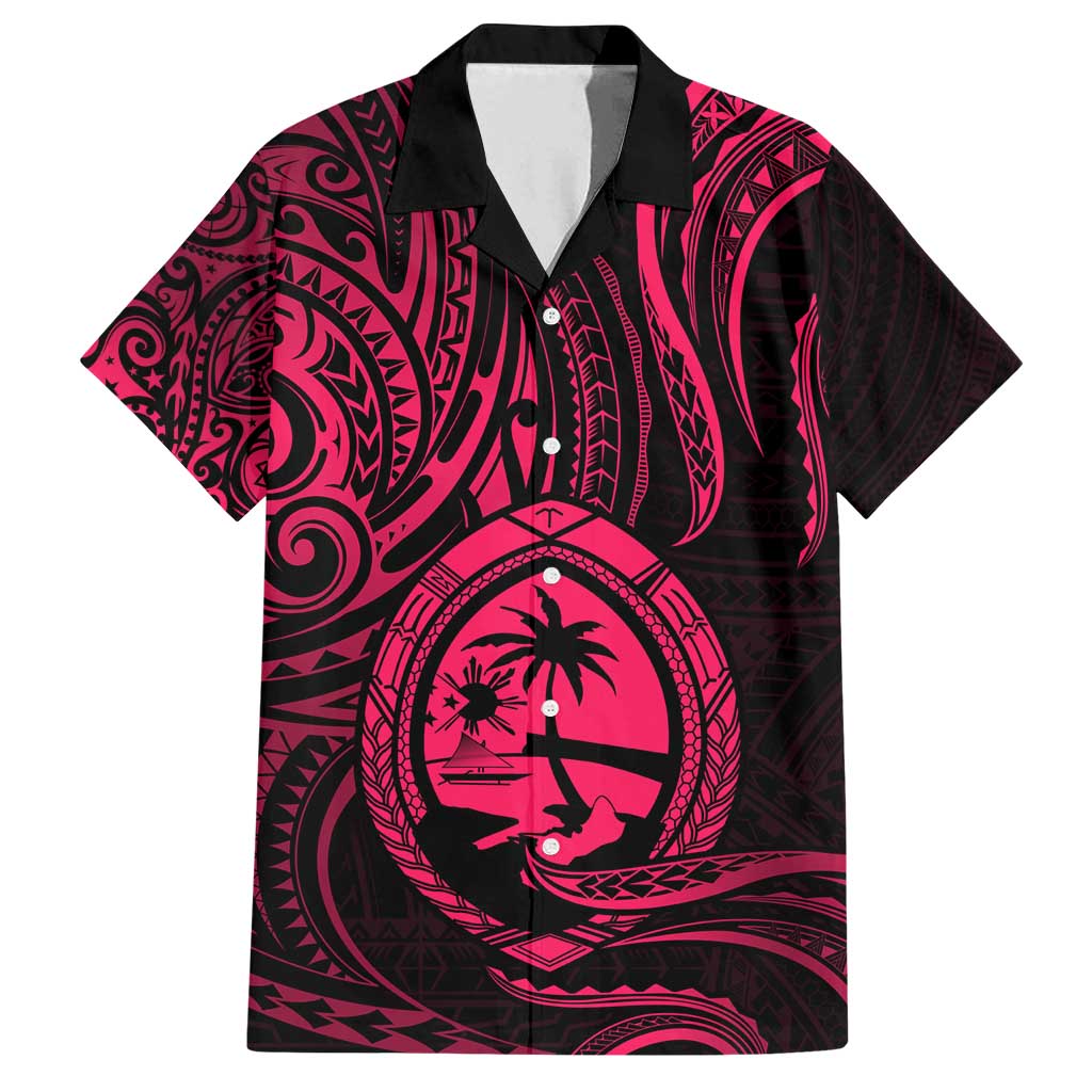 Polynesian Guam Coat of Arms Family Matching Long Sleeve Bodycon Dress and Hawaiian Shirt Polynesian Tribal Tattoo Pink Version LT9 Dad's Shirt - Short Sleeve Pink - Polynesian Pride