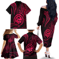 Polynesian Guam Coat of Arms Family Matching Off The Shoulder Long Sleeve Dress and Hawaiian Shirt Polynesian Tribal Tattoo Pink Version LT9 - Polynesian Pride