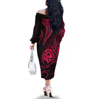 Polynesian Guam Coat of Arms Family Matching Off The Shoulder Long Sleeve Dress and Hawaiian Shirt Polynesian Tribal Tattoo Pink Version LT9 - Polynesian Pride