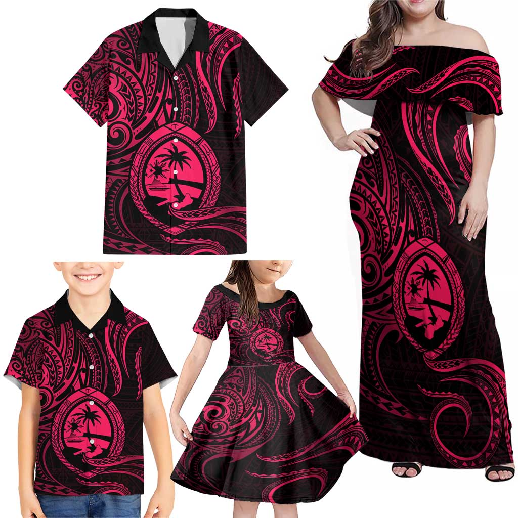 Polynesian Guam Coat of Arms Family Matching Off Shoulder Maxi Dress and Hawaiian Shirt Polynesian Tribal Tattoo Pink Version LT9 - Polynesian Pride