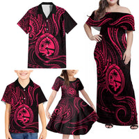 Polynesian Guam Coat of Arms Family Matching Off Shoulder Maxi Dress and Hawaiian Shirt Polynesian Tribal Tattoo Pink Version LT9 - Polynesian Pride
