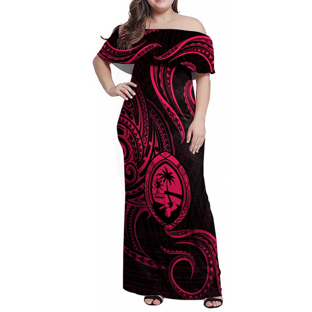 Polynesian Guam Coat of Arms Family Matching Off Shoulder Maxi Dress and Hawaiian Shirt Polynesian Tribal Tattoo Pink Version LT9 Mom's Dress Pink - Polynesian Pride