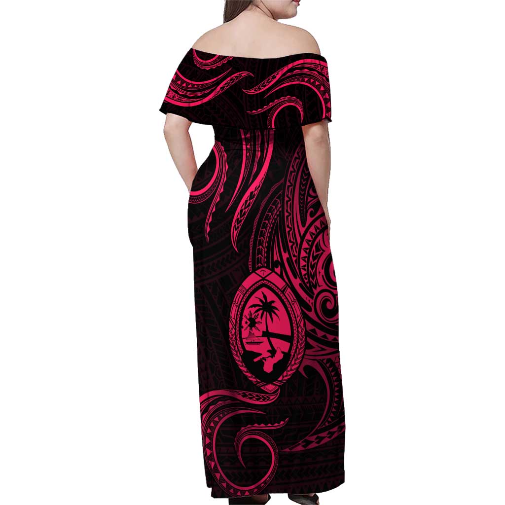Polynesian Guam Coat of Arms Family Matching Off Shoulder Maxi Dress and Hawaiian Shirt Polynesian Tribal Tattoo Pink Version LT9 - Polynesian Pride