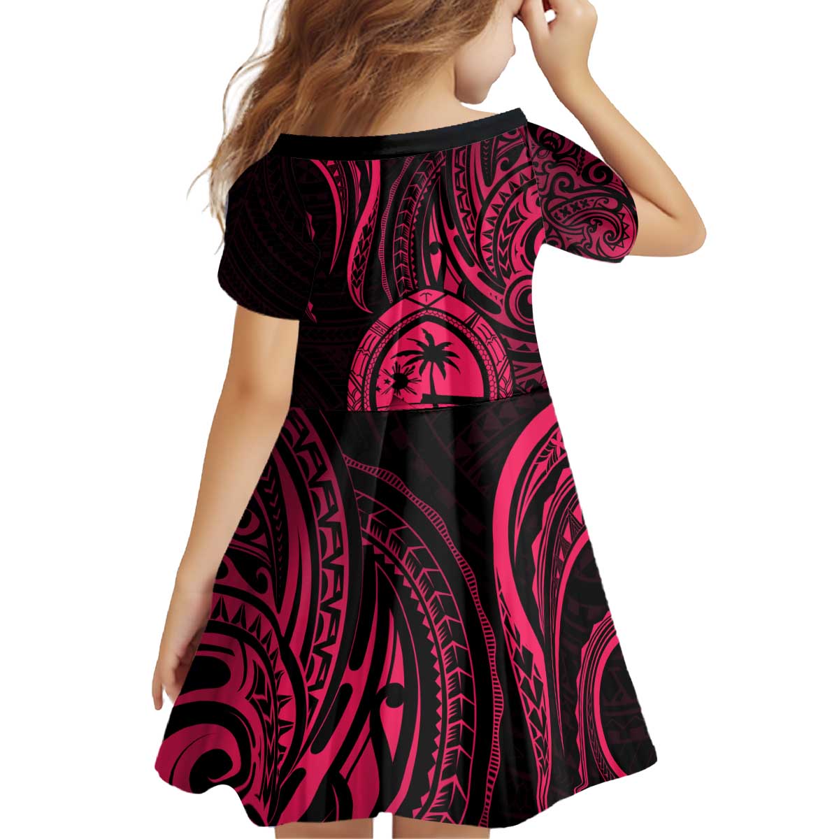 Polynesian Guam Coat of Arms Family Matching Off Shoulder Short Dress and Hawaiian Shirt Polynesian Tribal Tattoo Pink Version LT9 - Polynesian Pride