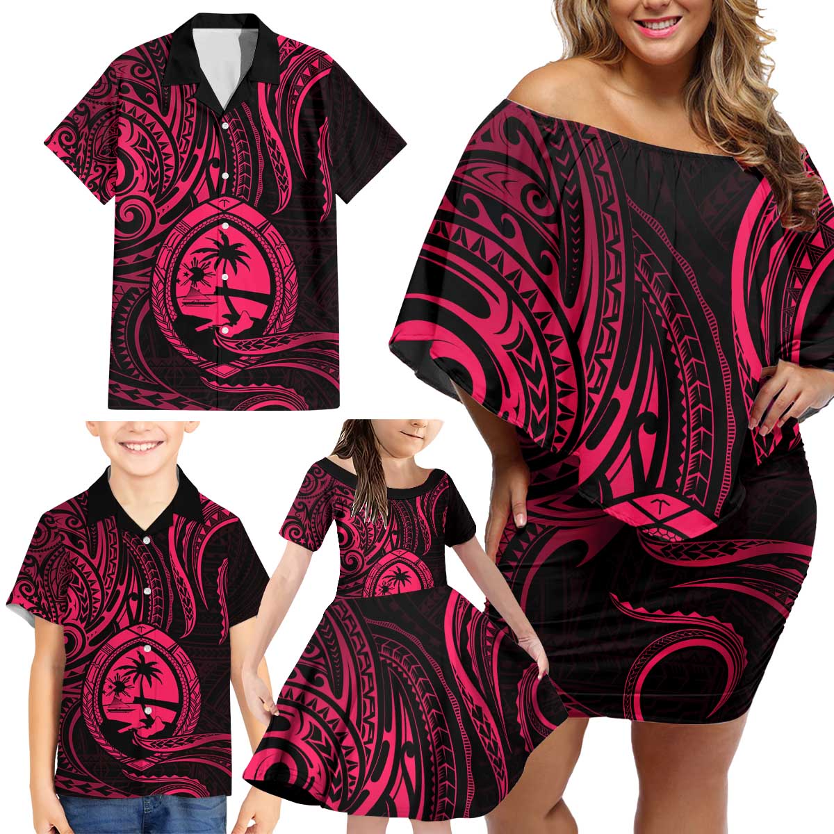 Polynesian Guam Coat of Arms Family Matching Off Shoulder Short Dress and Hawaiian Shirt Polynesian Tribal Tattoo Pink Version LT9 - Polynesian Pride
