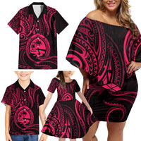 Polynesian Guam Coat of Arms Family Matching Off Shoulder Short Dress and Hawaiian Shirt Polynesian Tribal Tattoo Pink Version LT9 - Polynesian Pride