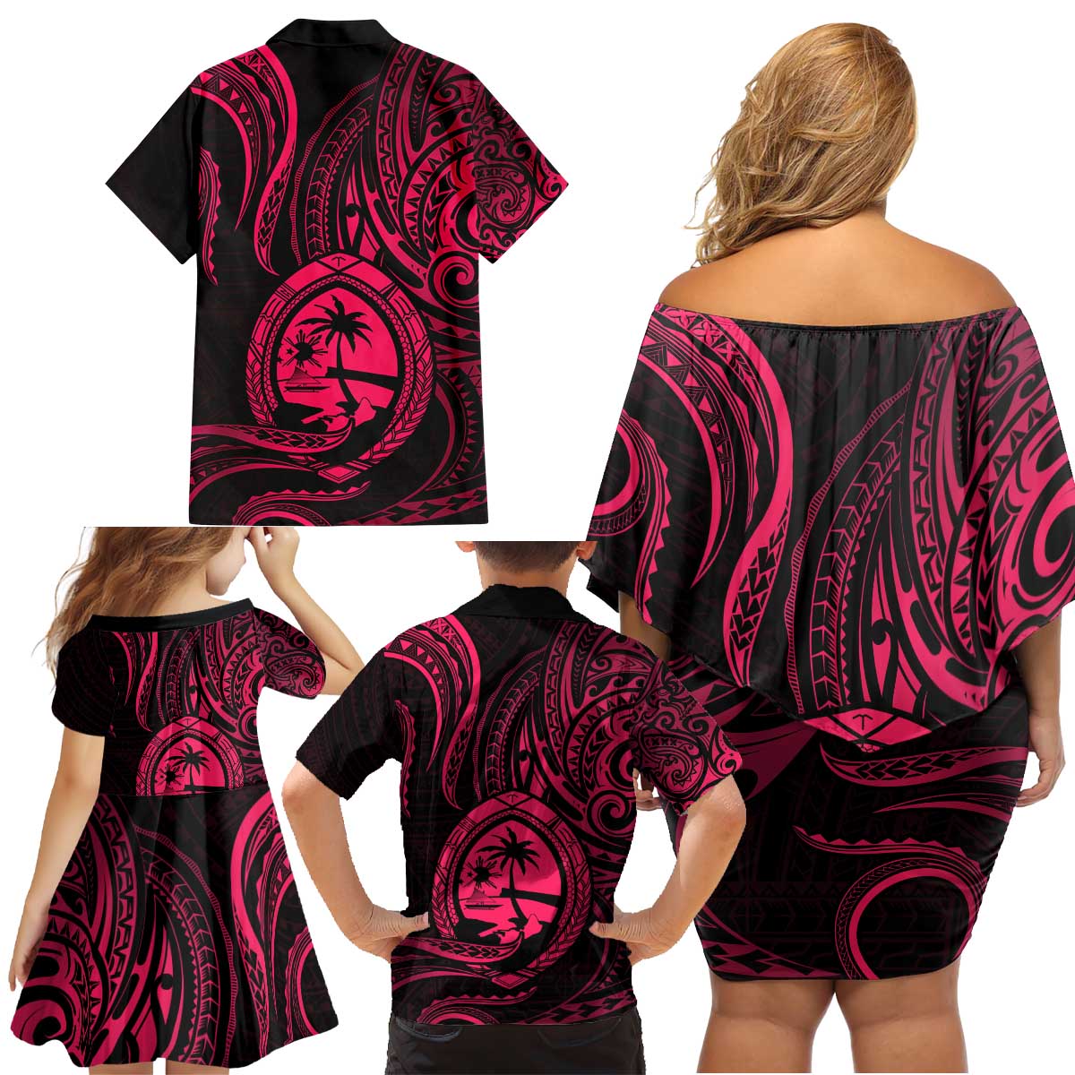 Polynesian Guam Coat of Arms Family Matching Off Shoulder Short Dress and Hawaiian Shirt Polynesian Tribal Tattoo Pink Version LT9 - Polynesian Pride