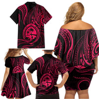 Polynesian Guam Coat of Arms Family Matching Off Shoulder Short Dress and Hawaiian Shirt Polynesian Tribal Tattoo Pink Version LT9 - Polynesian Pride