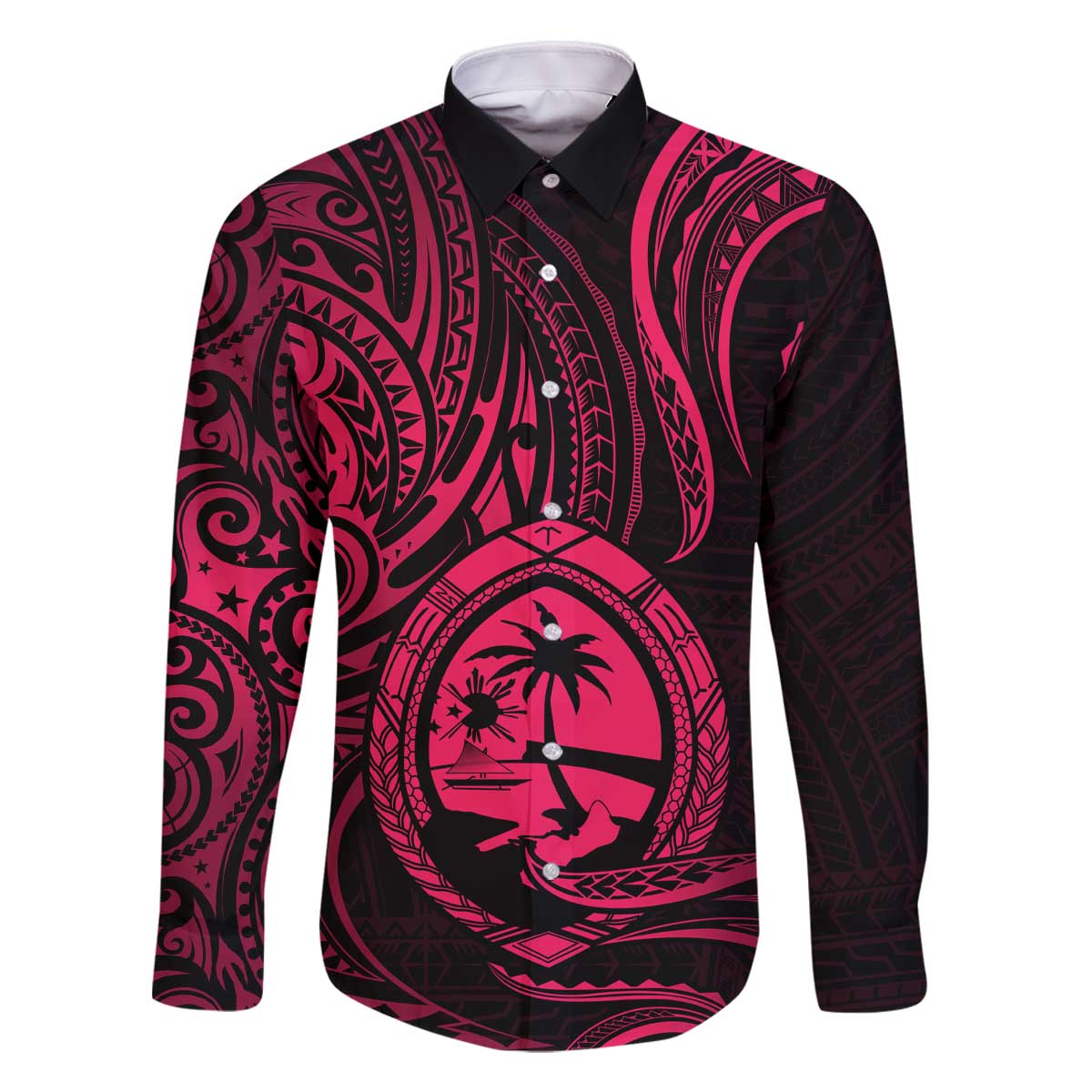 Polynesian Guam Coat of Arms Family Matching Off Shoulder Short Dress and Hawaiian Shirt Polynesian Tribal Tattoo Pink Version LT9 Dad's Shirt - Long Sleeve Pink - Polynesian Pride