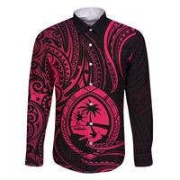 Polynesian Guam Coat of Arms Family Matching Off Shoulder Short Dress and Hawaiian Shirt Polynesian Tribal Tattoo Pink Version LT9 Dad's Shirt - Long Sleeve Pink - Polynesian Pride