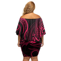 Polynesian Guam Coat of Arms Family Matching Off Shoulder Short Dress and Hawaiian Shirt Polynesian Tribal Tattoo Pink Version LT9 - Polynesian Pride