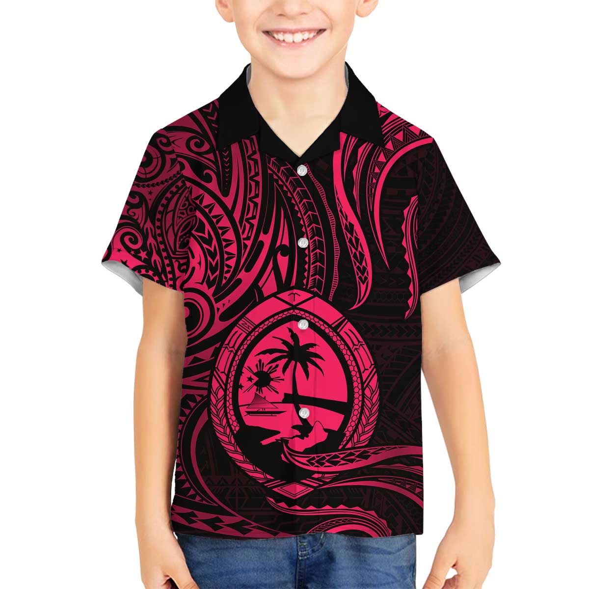 Polynesian Guam Coat of Arms Family Matching Off Shoulder Short Dress and Hawaiian Shirt Polynesian Tribal Tattoo Pink Version LT9 Son's Shirt Pink - Polynesian Pride
