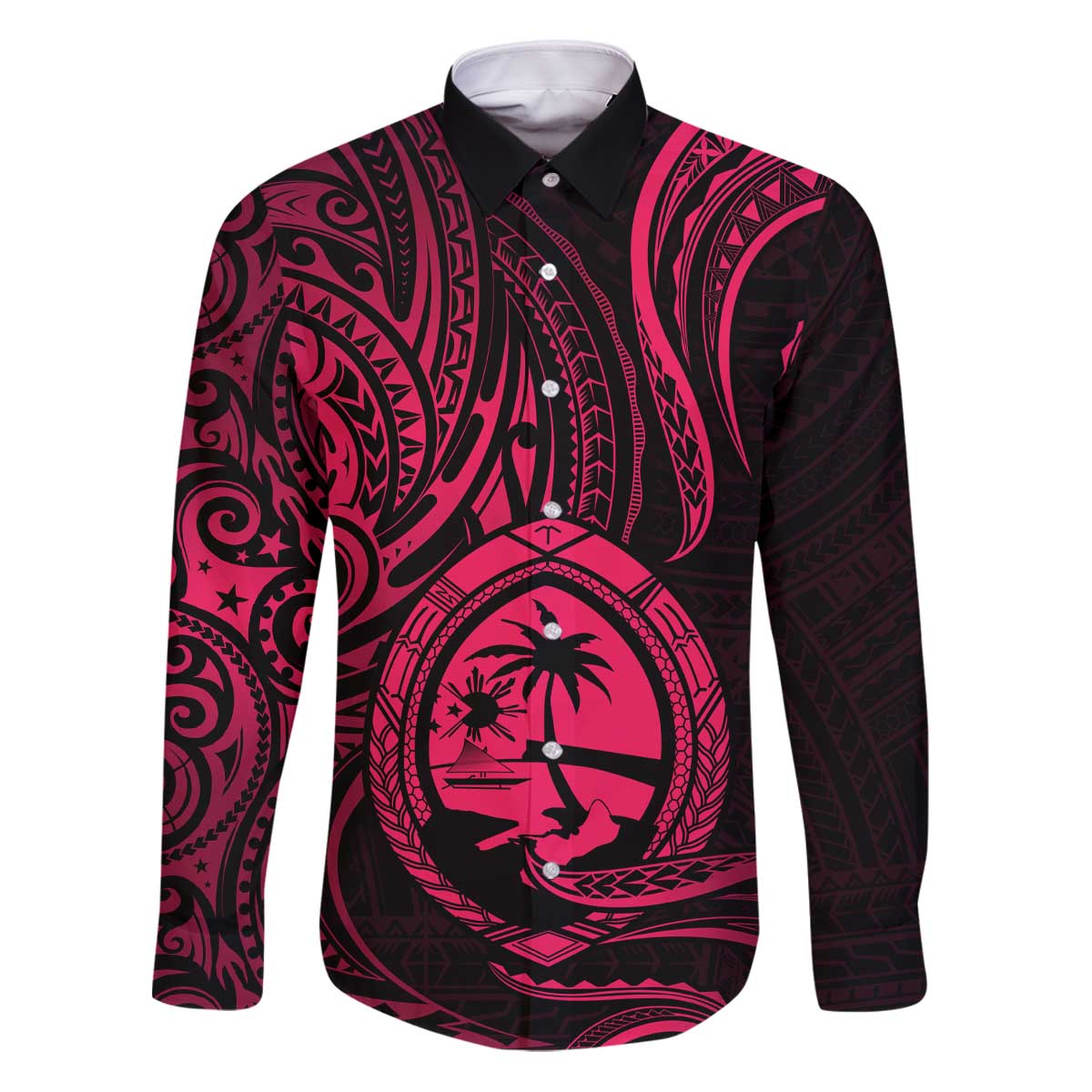 Polynesian Guam Coat of Arms Family Matching Puletasi and Hawaiian Shirt Polynesian Tribal Tattoo Pink Version LT9 Dad's Shirt - Long Sleeve Pink - Polynesian Pride