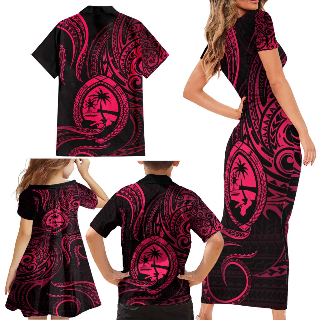 Polynesian Guam Coat of Arms Family Matching Short Sleeve Bodycon Dress and Hawaiian Shirt Polynesian Tribal Tattoo Pink Version LT9 - Polynesian Pride