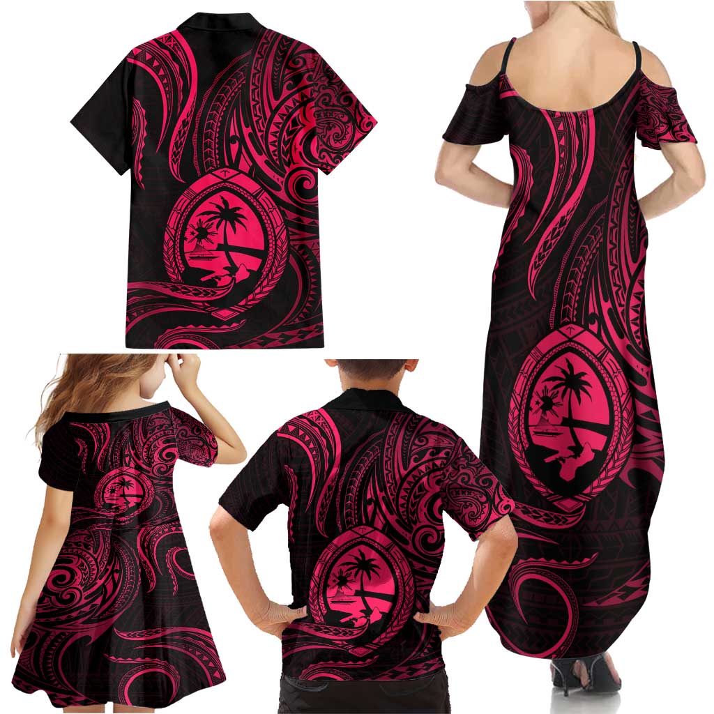 Polynesian Guam Coat of Arms Family Matching Summer Maxi Dress and Hawaiian Shirt Polynesian Tribal Tattoo Pink Version LT9 - Polynesian Pride
