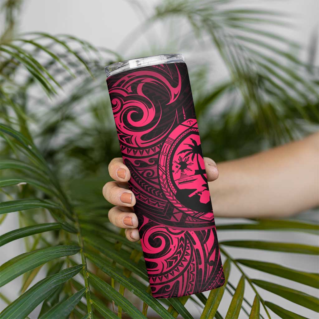 Polynesian Guam Coat of Arms Skinny Tumbler Polynesian Tribal Tattoo Pink Version LT9 - Polynesian Pride