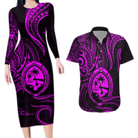Polynesian Guam Coat of Arms Couples Matching Long Sleeve Bodycon Dress and Hawaiian Shirt Polynesian Tribal Tattoo Purple Version LT9 Purple - Polynesian Pride