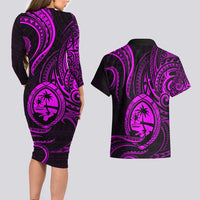 Polynesian Guam Coat of Arms Couples Matching Long Sleeve Bodycon Dress and Hawaiian Shirt Polynesian Tribal Tattoo Purple Version LT9 - Polynesian Pride