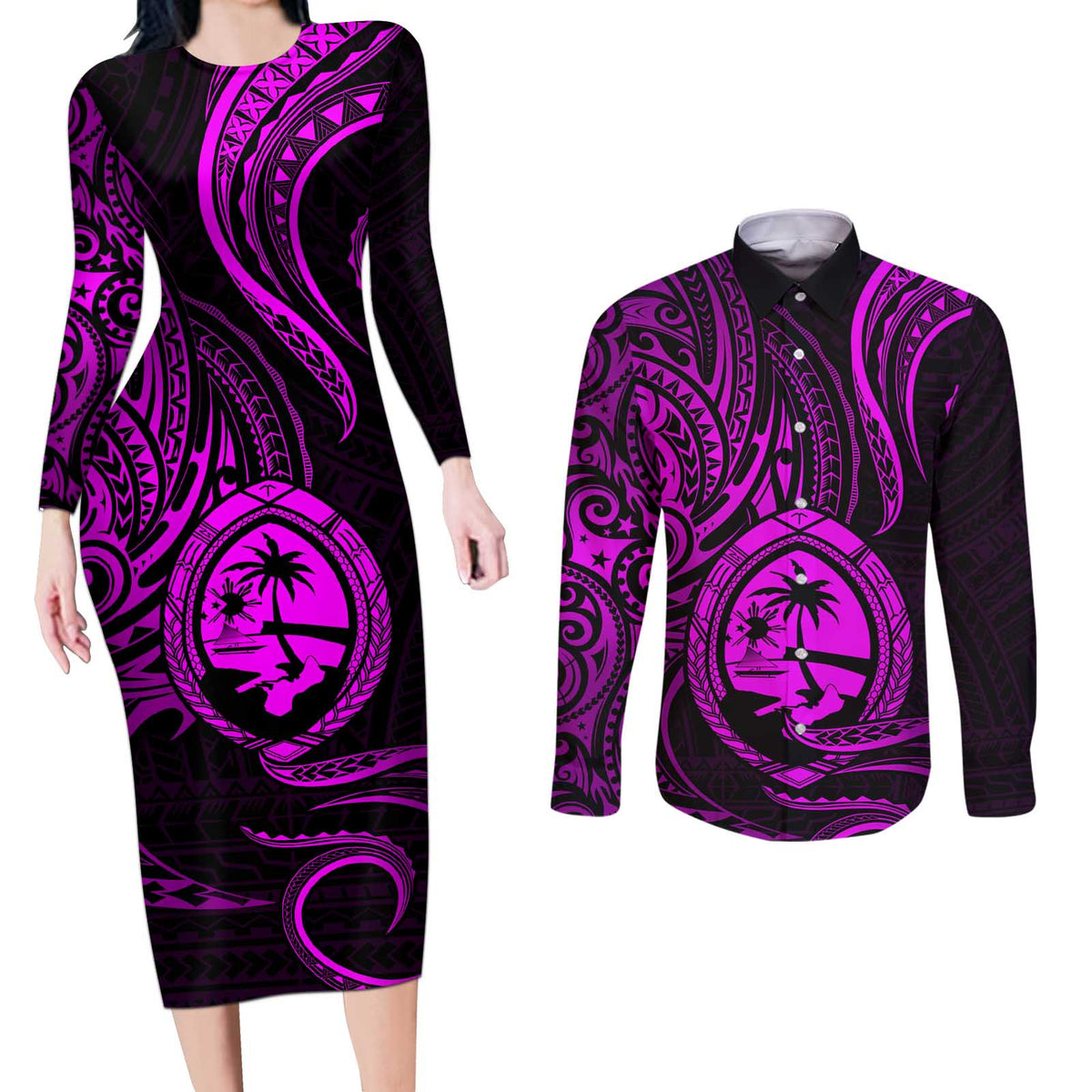 Polynesian Guam Coat of Arms Couples Matching Long Sleeve Bodycon Dress and Long Sleeve Button Shirt Polynesian Tribal Tattoo Purple Version LT9 Purple - Polynesian Pride