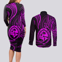 Polynesian Guam Coat of Arms Couples Matching Long Sleeve Bodycon Dress and Long Sleeve Button Shirt Polynesian Tribal Tattoo Purple Version LT9 - Polynesian Pride