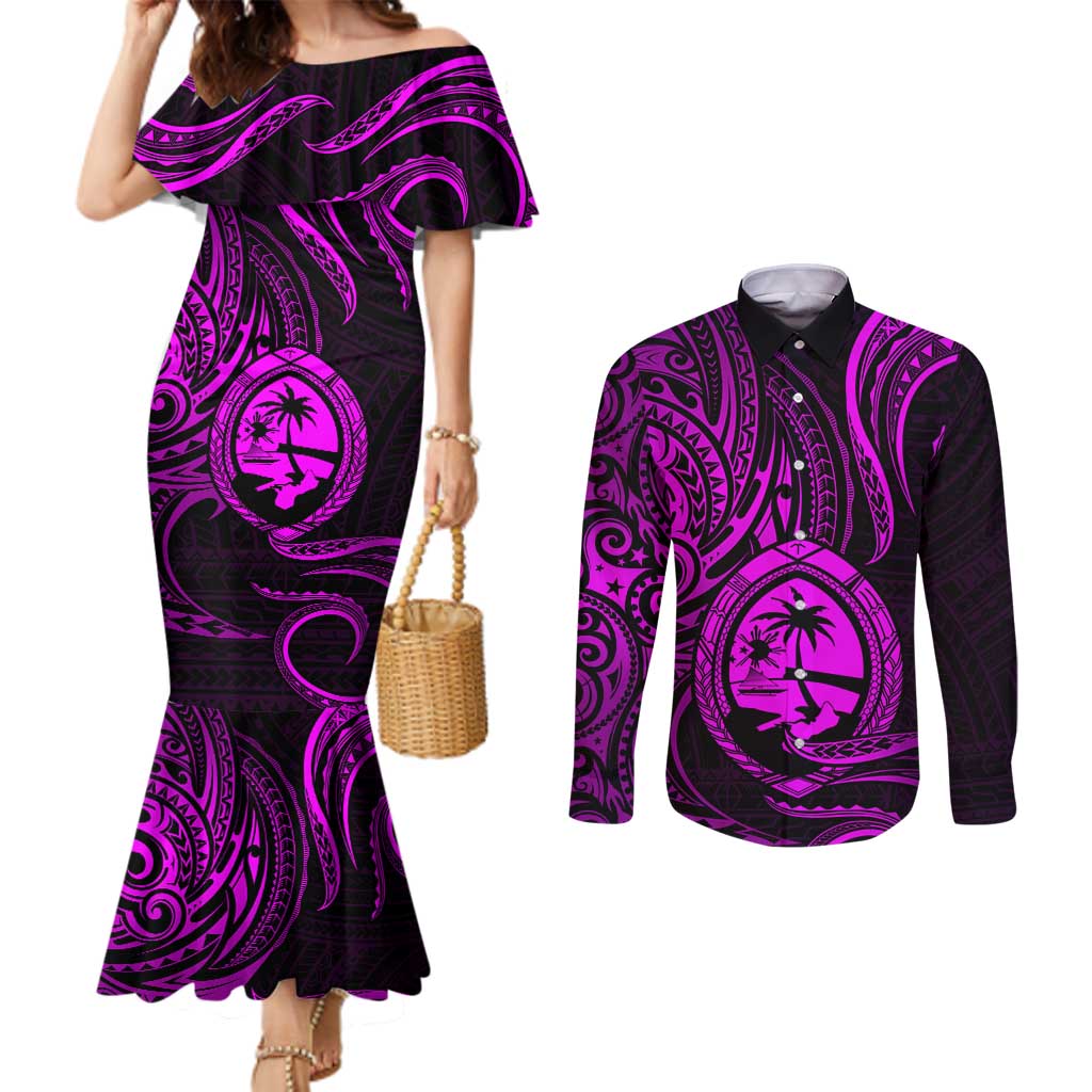 Polynesian Guam Coat of Arms Couples Matching Mermaid Dress and Long Sleeve Button Shirt Polynesian Tribal Tattoo Purple Version LT9 Purple - Polynesian Pride