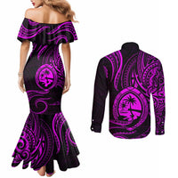 Polynesian Guam Coat of Arms Couples Matching Mermaid Dress and Long Sleeve Button Shirt Polynesian Tribal Tattoo Purple Version LT9 - Polynesian Pride