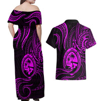 Polynesian Guam Coat of Arms Couples Matching Off Shoulder Maxi Dress and Hawaiian Shirt Polynesian Tribal Tattoo Purple Version LT9 - Polynesian Pride