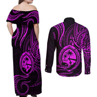 Polynesian Guam Coat of Arms Couples Matching Off Shoulder Maxi Dress and Long Sleeve Button Shirt Polynesian Tribal Tattoo Purple Version LT9 - Polynesian Pride
