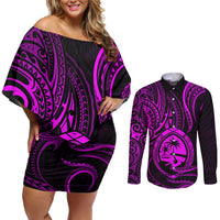 Polynesian Guam Coat of Arms Couples Matching Off Shoulder Short Dress and Long Sleeve Button Shirt Polynesian Tribal Tattoo Purple Version LT9 Purple - Polynesian Pride