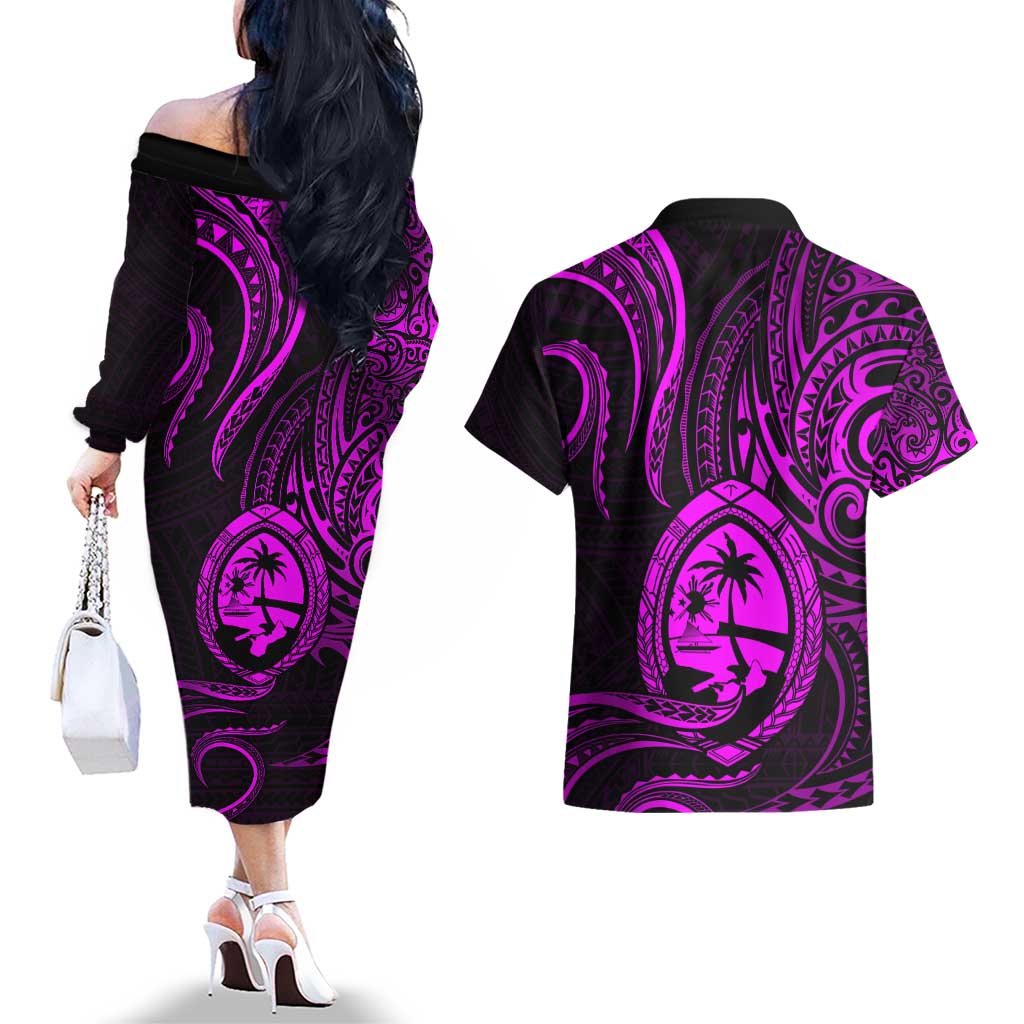 Polynesian Guam Coat of Arms Couples Matching Off The Shoulder Long Sleeve Dress and Hawaiian Shirt Polynesian Tribal Tattoo Purple Version LT9 - Polynesian Pride