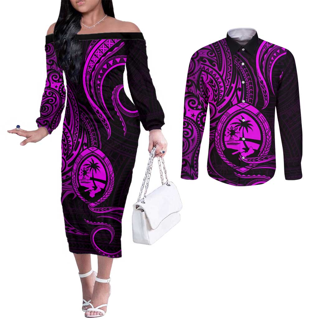 Polynesian Guam Coat of Arms Couples Matching Off The Shoulder Long Sleeve Dress and Long Sleeve Button Shirt Polynesian Tribal Tattoo Purple Version LT9 Purple - Polynesian Pride