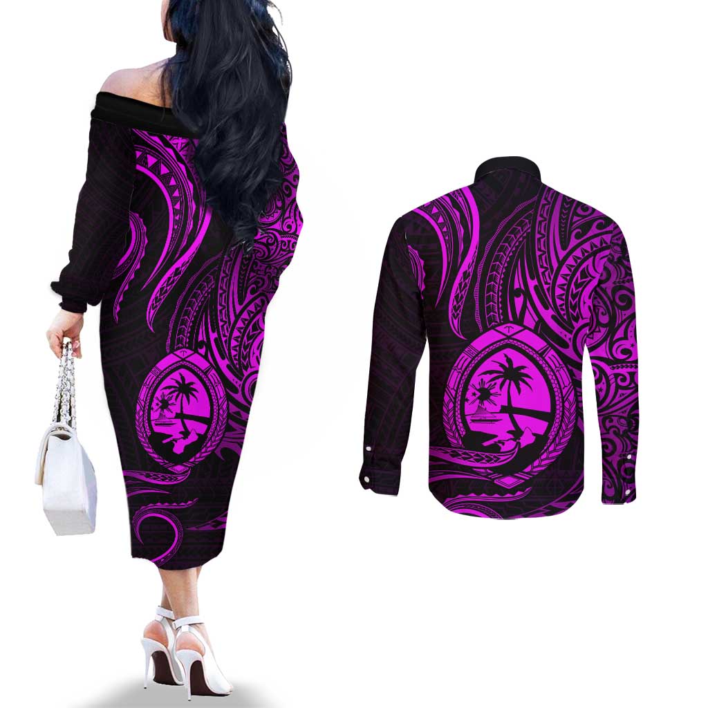 Polynesian Guam Coat of Arms Couples Matching Off The Shoulder Long Sleeve Dress and Long Sleeve Button Shirt Polynesian Tribal Tattoo Purple Version LT9 - Polynesian Pride