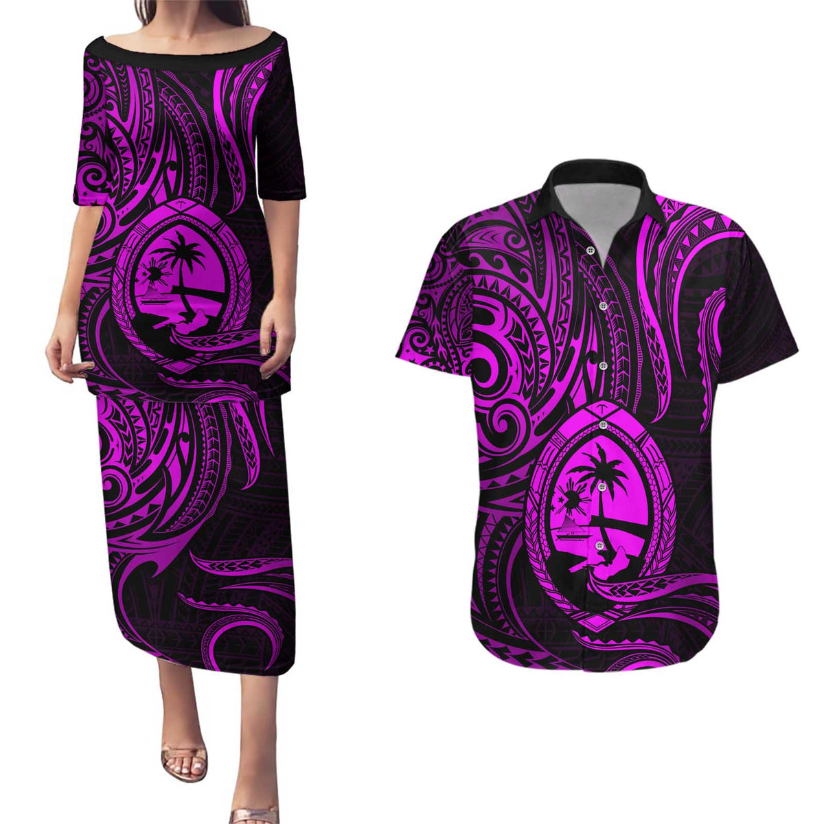 Polynesian Guam Coat of Arms Couples Matching Puletasi and Hawaiian Shirt Polynesian Tribal Tattoo Purple Version LT9 Purple - Polynesian Pride