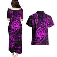 Polynesian Guam Coat of Arms Couples Matching Puletasi and Hawaiian Shirt Polynesian Tribal Tattoo Purple Version LT9 - Polynesian Pride