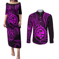 Polynesian Guam Coat of Arms Couples Matching Puletasi and Long Sleeve Button Shirt Polynesian Tribal Tattoo Purple Version LT9 Purple - Polynesian Pride