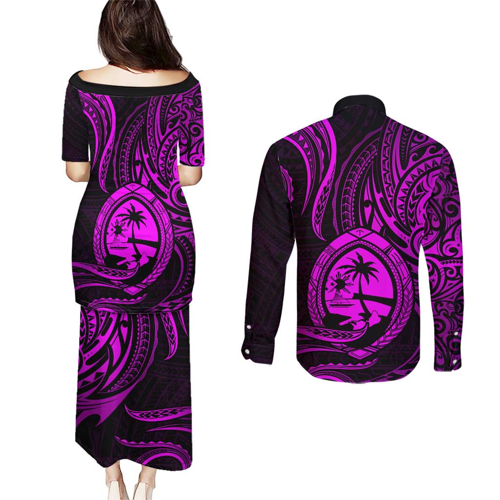 Polynesian Guam Coat of Arms Couples Matching Puletasi and Long Sleeve Button Shirt Polynesian Tribal Tattoo Purple Version LT9 - Polynesian Pride