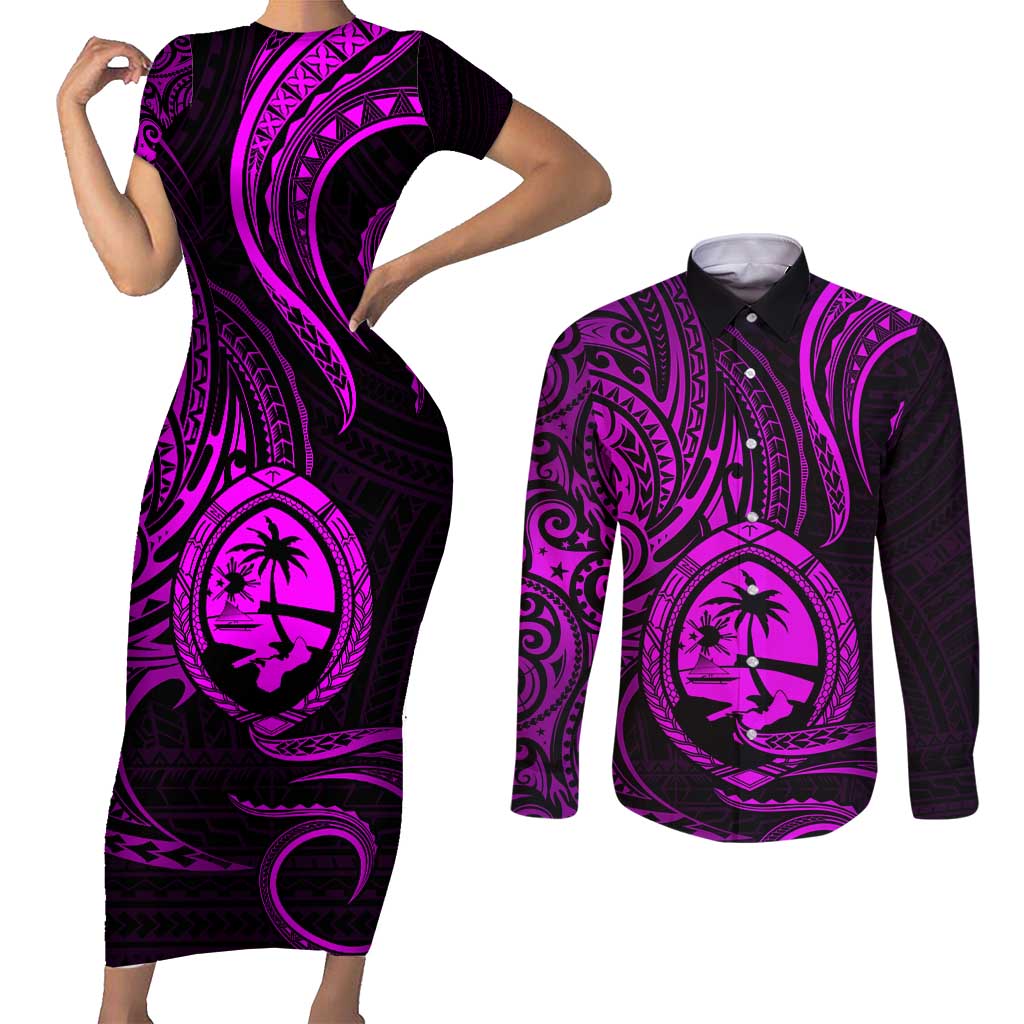 Polynesian Guam Coat of Arms Couples Matching Short Sleeve Bodycon Dress and Long Sleeve Button Shirt Polynesian Tribal Tattoo Purple Version LT9 Purple - Polynesian Pride