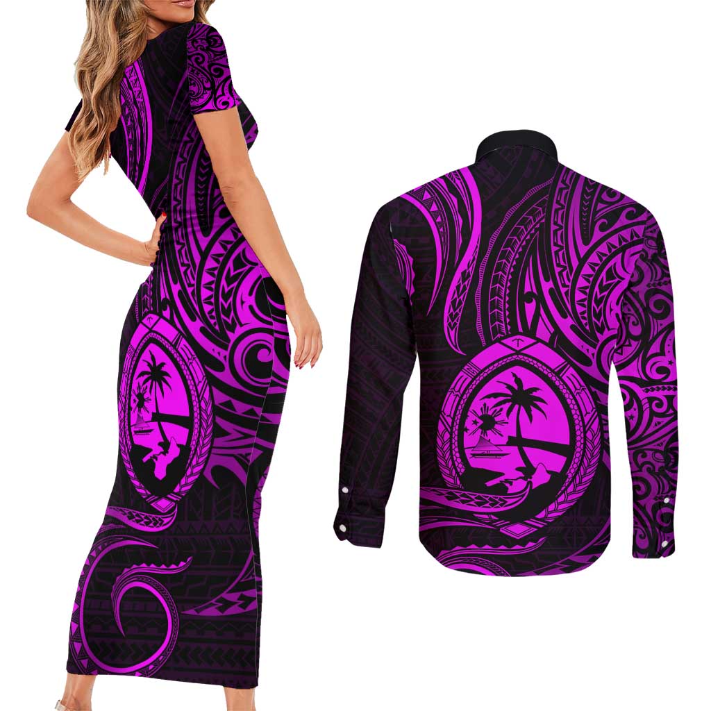 Polynesian Guam Coat of Arms Couples Matching Short Sleeve Bodycon Dress and Long Sleeve Button Shirt Polynesian Tribal Tattoo Purple Version LT9 - Polynesian Pride