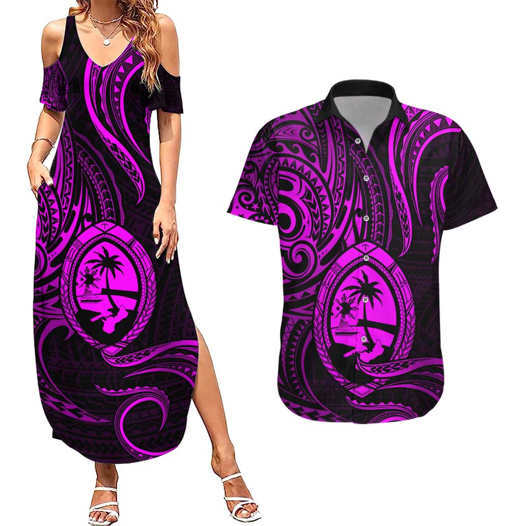 Polynesian Guam Coat of Arms Couples Matching Summer Maxi Dress and Hawaiian Shirt Polynesian Tribal Tattoo Purple Version LT9 Purple - Polynesian Pride