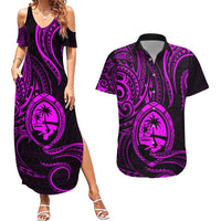 Polynesian Guam Coat of Arms Couples Matching Summer Maxi Dress and Hawaiian Shirt Polynesian Tribal Tattoo Purple Version LT9 Purple - Polynesian Pride
