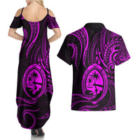 Polynesian Guam Coat of Arms Couples Matching Summer Maxi Dress and Hawaiian Shirt Polynesian Tribal Tattoo Purple Version LT9 - Polynesian Pride