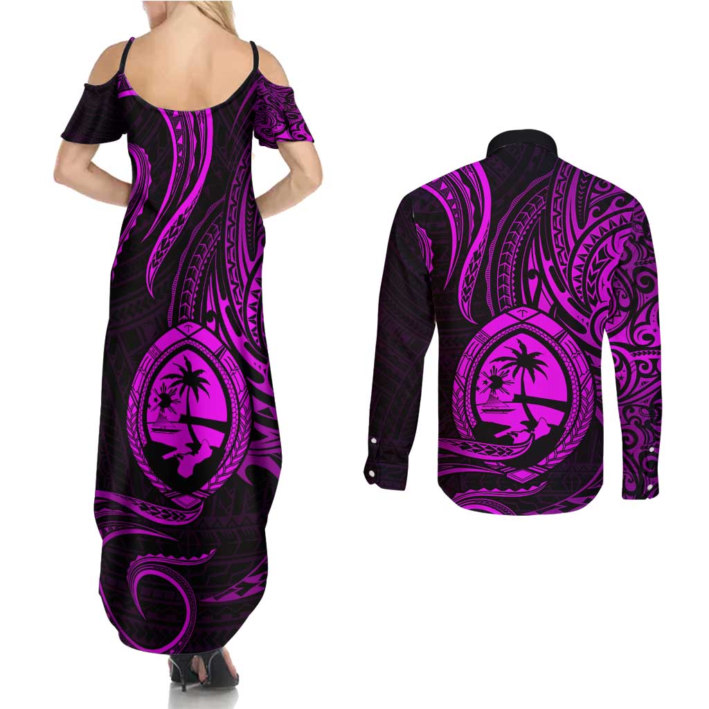 Polynesian Guam Coat of Arms Couples Matching Summer Maxi Dress and Long Sleeve Button Shirt Polynesian Tribal Tattoo Purple Version LT9 - Polynesian Pride