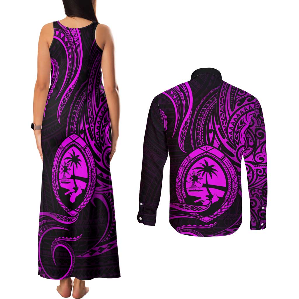 Polynesian Guam Coat of Arms Couples Matching Tank Maxi Dress and Long Sleeve Button Shirt Polynesian Tribal Tattoo Purple Version LT9 - Polynesian Pride