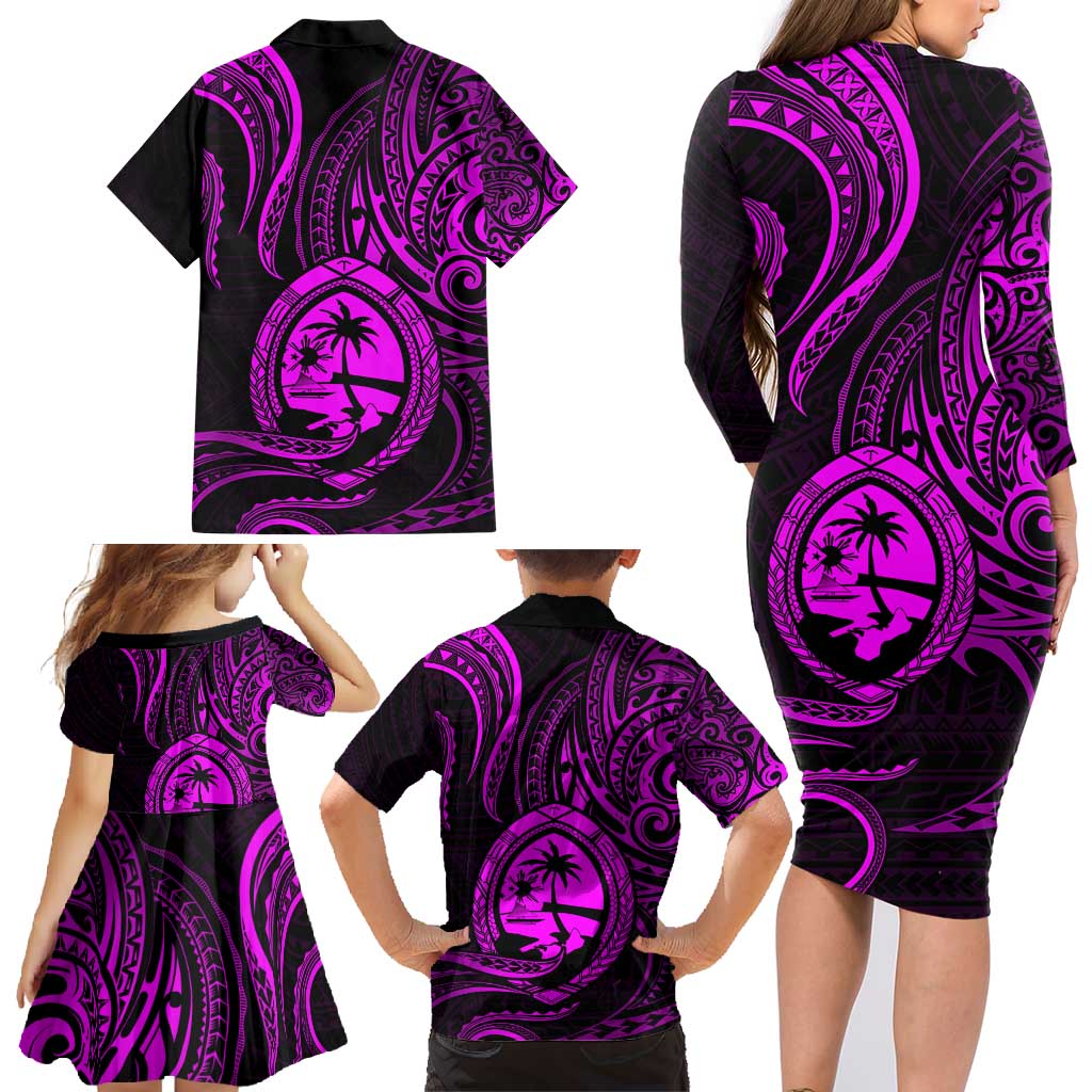 Polynesian Guam Coat of Arms Family Matching Long Sleeve Bodycon Dress and Hawaiian Shirt Polynesian Tribal Tattoo Purple Version LT9 - Polynesian Pride