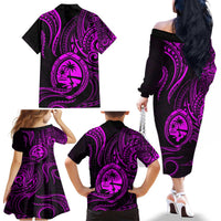 Polynesian Guam Coat of Arms Family Matching Off The Shoulder Long Sleeve Dress and Hawaiian Shirt Polynesian Tribal Tattoo Purple Version LT9 - Polynesian Pride