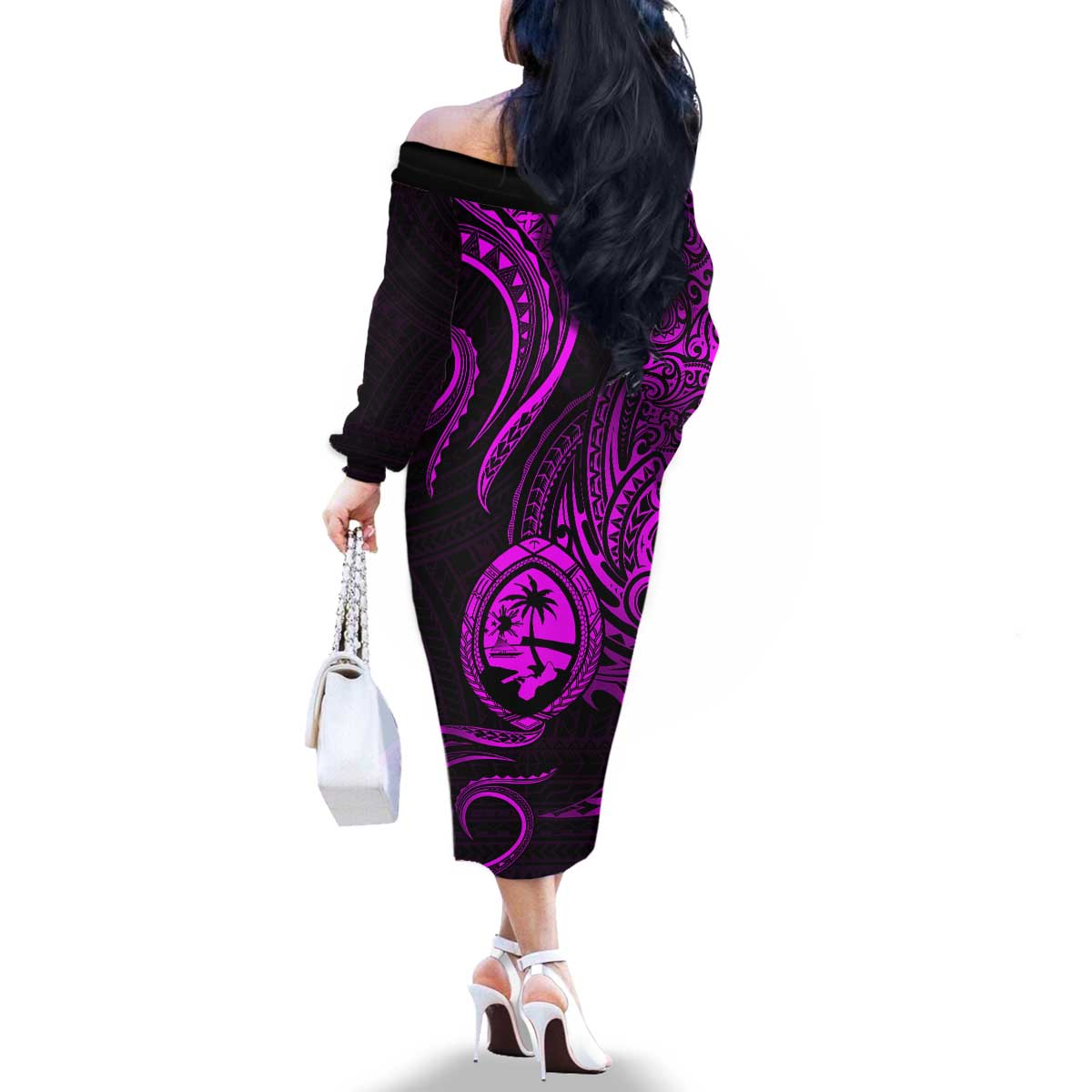 Polynesian Guam Coat of Arms Family Matching Off The Shoulder Long Sleeve Dress and Hawaiian Shirt Polynesian Tribal Tattoo Purple Version LT9 - Polynesian Pride