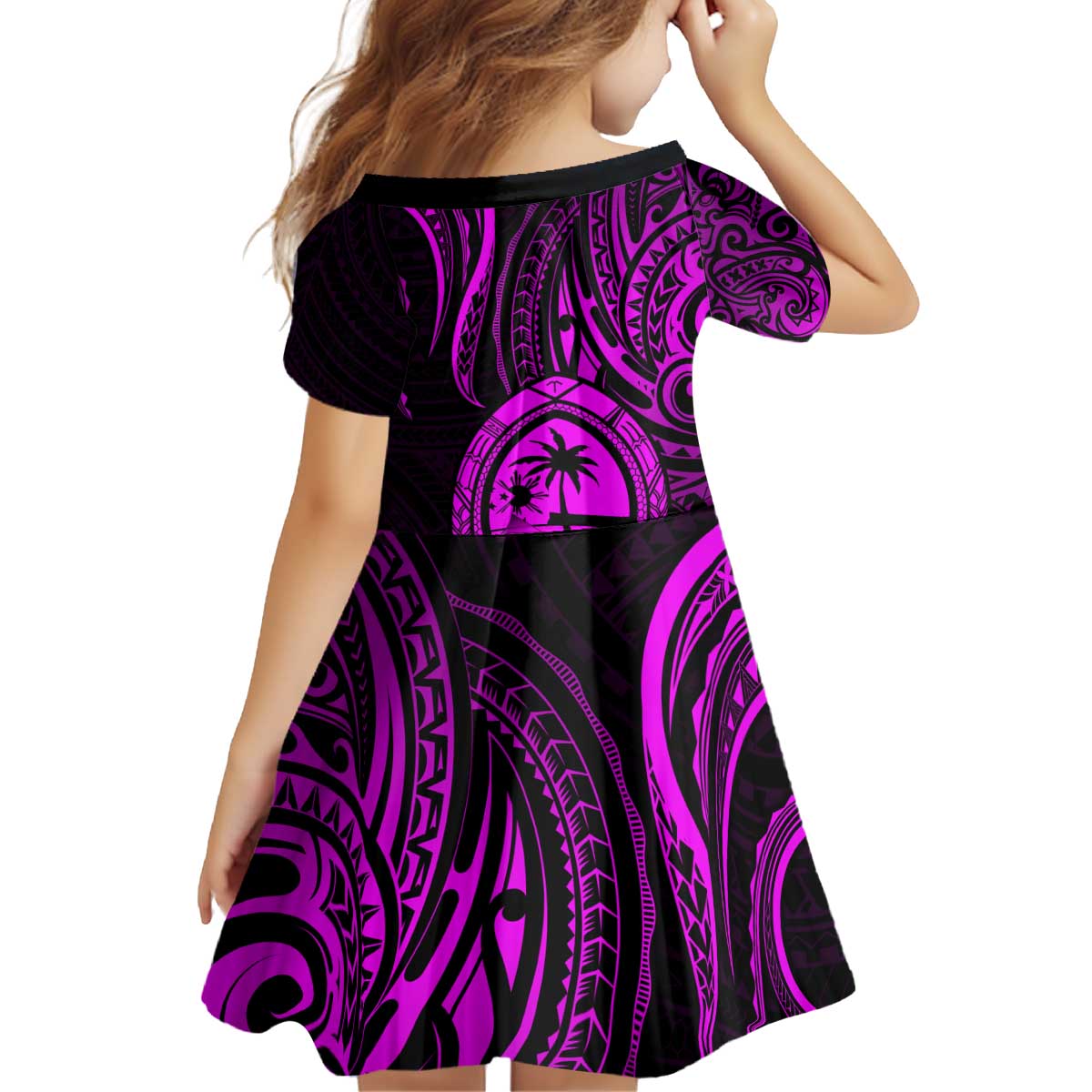 Polynesian Guam Coat of Arms Family Matching Off Shoulder Short Dress and Hawaiian Shirt Polynesian Tribal Tattoo Purple Version LT9 - Polynesian Pride