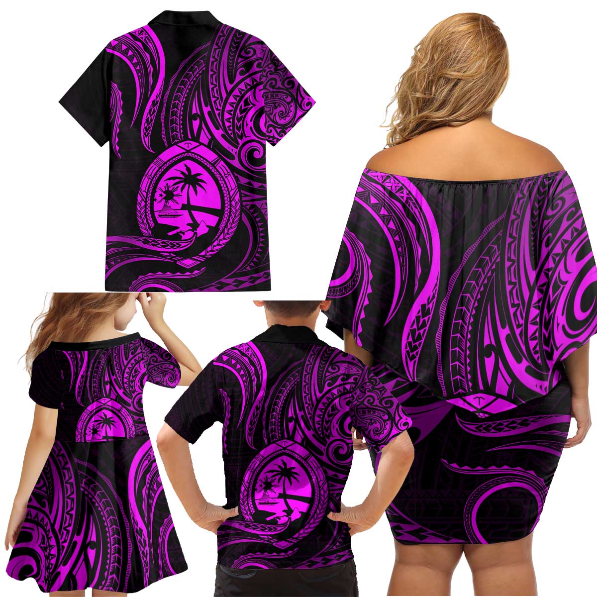 Polynesian Guam Coat of Arms Family Matching Off Shoulder Short Dress and Hawaiian Shirt Polynesian Tribal Tattoo Purple Version LT9 - Polynesian Pride
