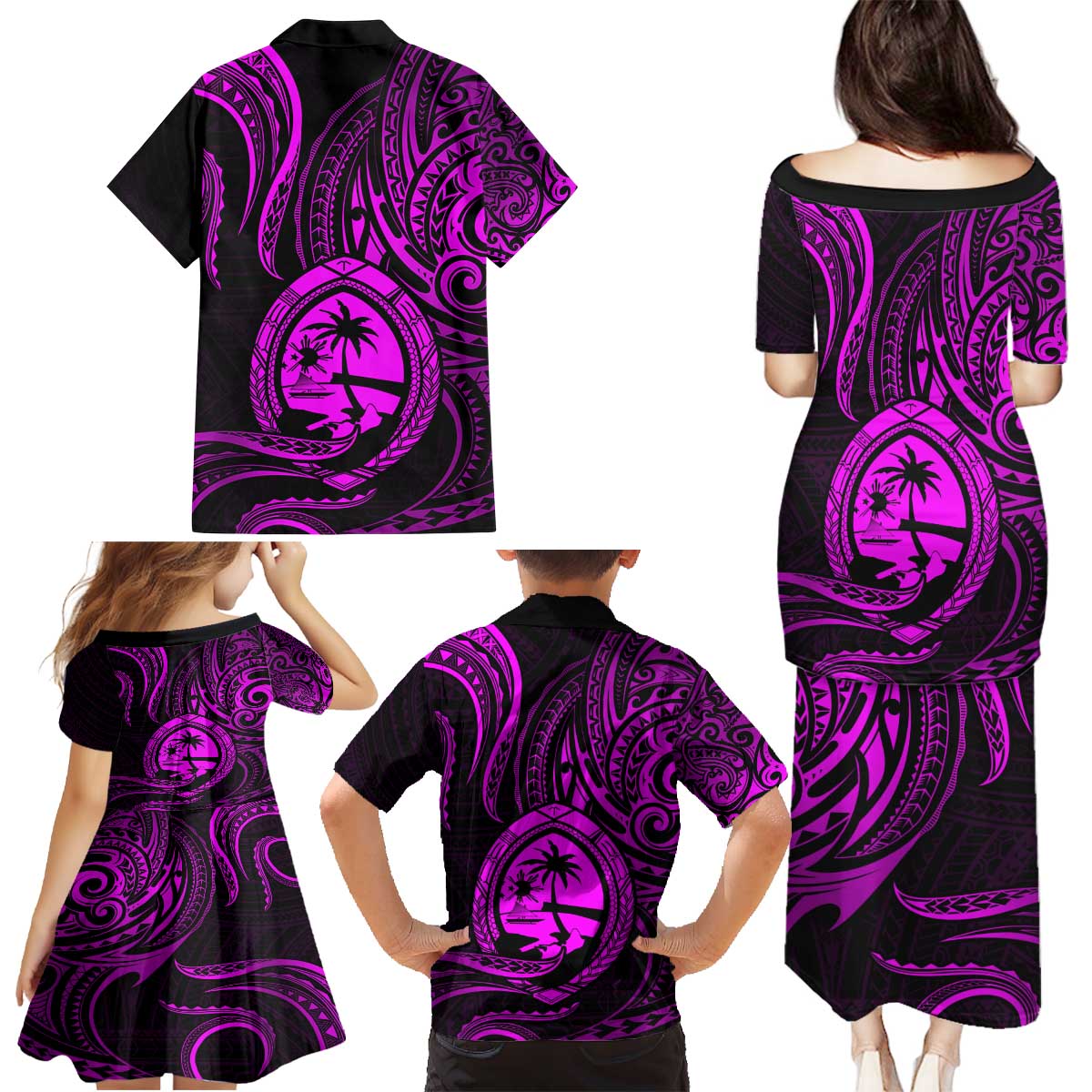 Polynesian Guam Coat of Arms Family Matching Puletasi and Hawaiian Shirt Polynesian Tribal Tattoo Purple Version LT9 - Polynesian Pride